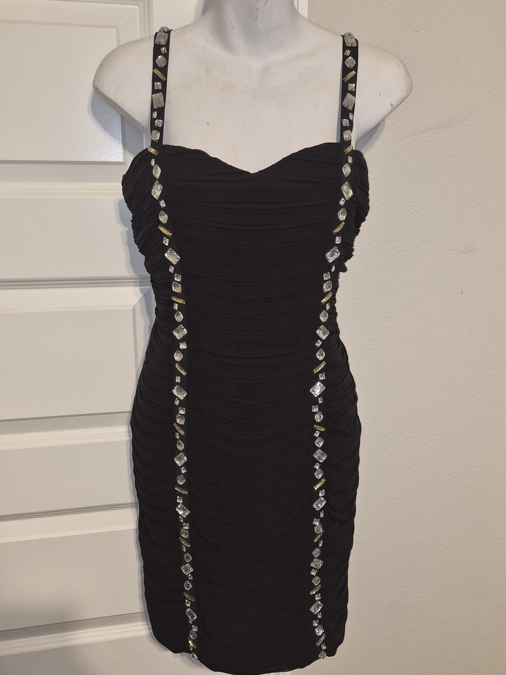 ​S.L. Fashions Black Ruched Bodycon Dress Size 12 Rhinestone Gem Cocktail Party